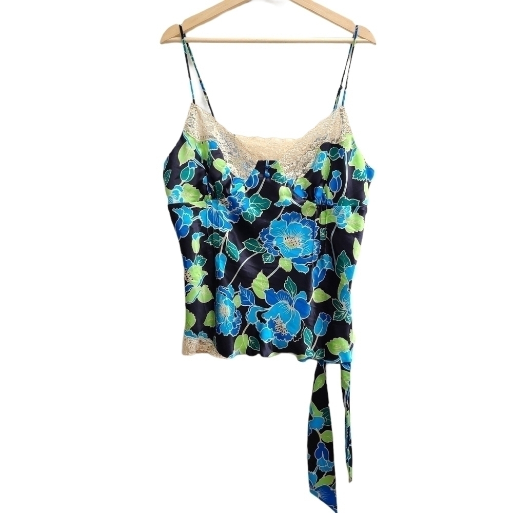 Satin Foral Camisole with Lace Accents and Side Tie, Size Large
